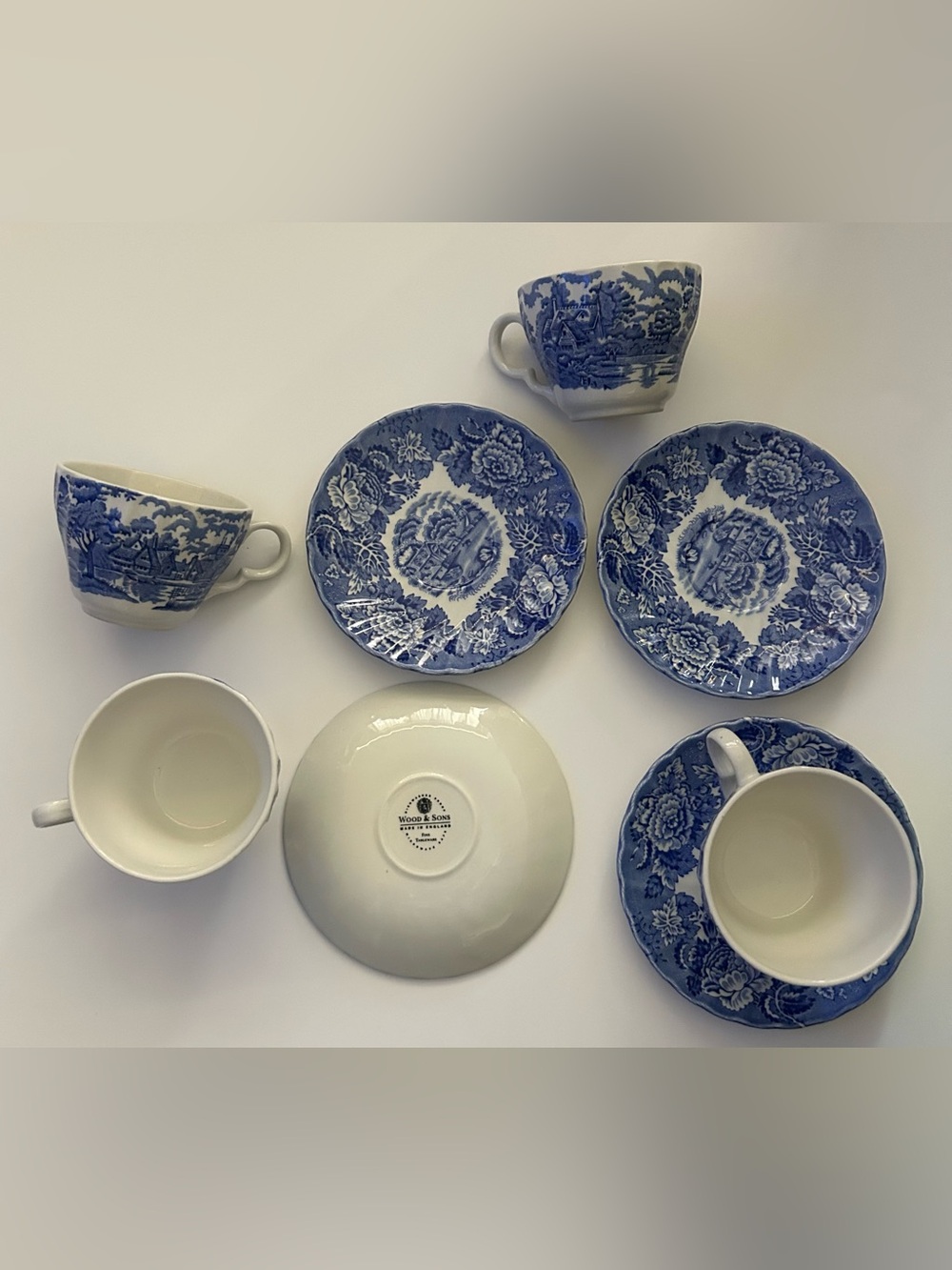 Wood & Sons Blue and White 12 piece Transferware Tea Cup and Saucer Set
